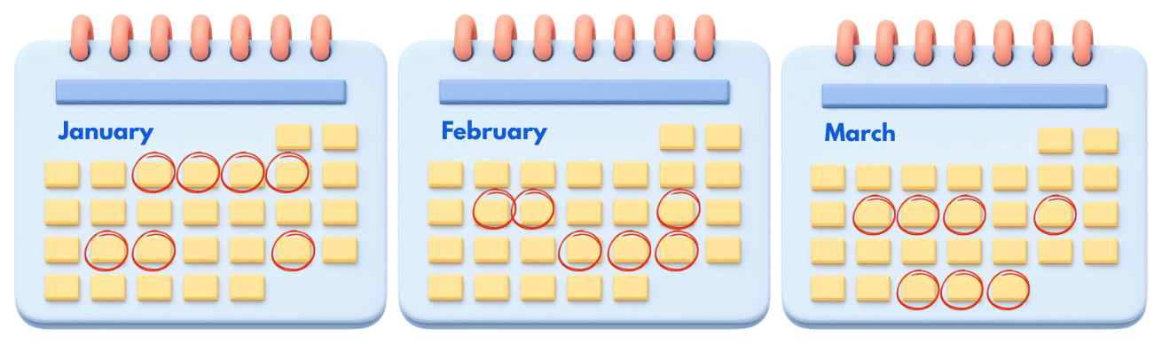 January, February, and March calendars with circled dates