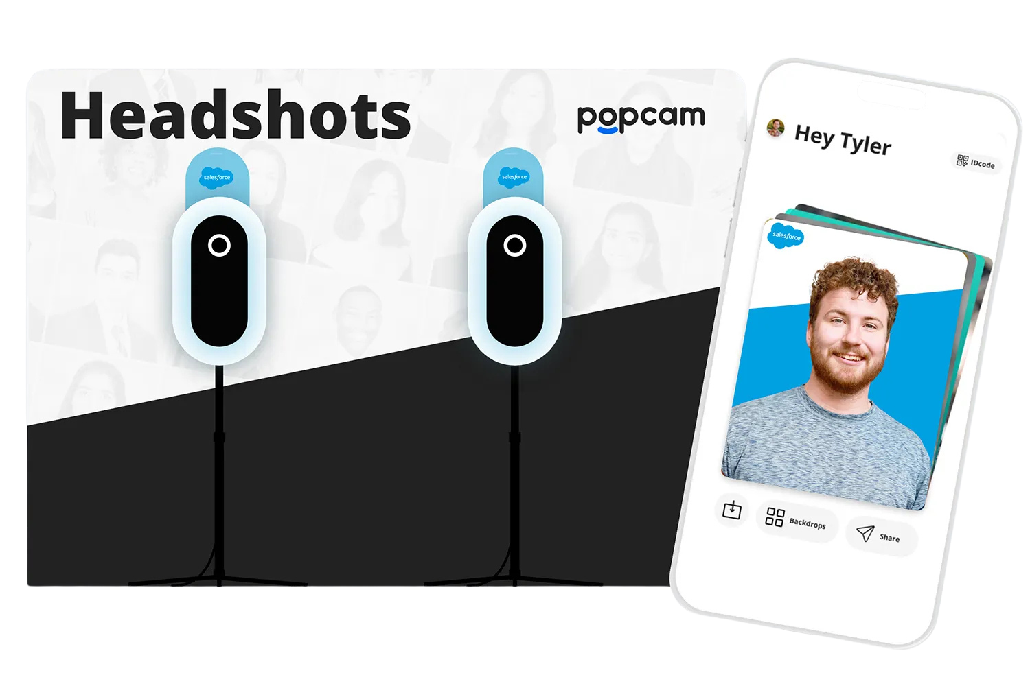 Two branded Popcam kiosks in front of a Headshots backdrop, with a phone showing a sponsored headshot