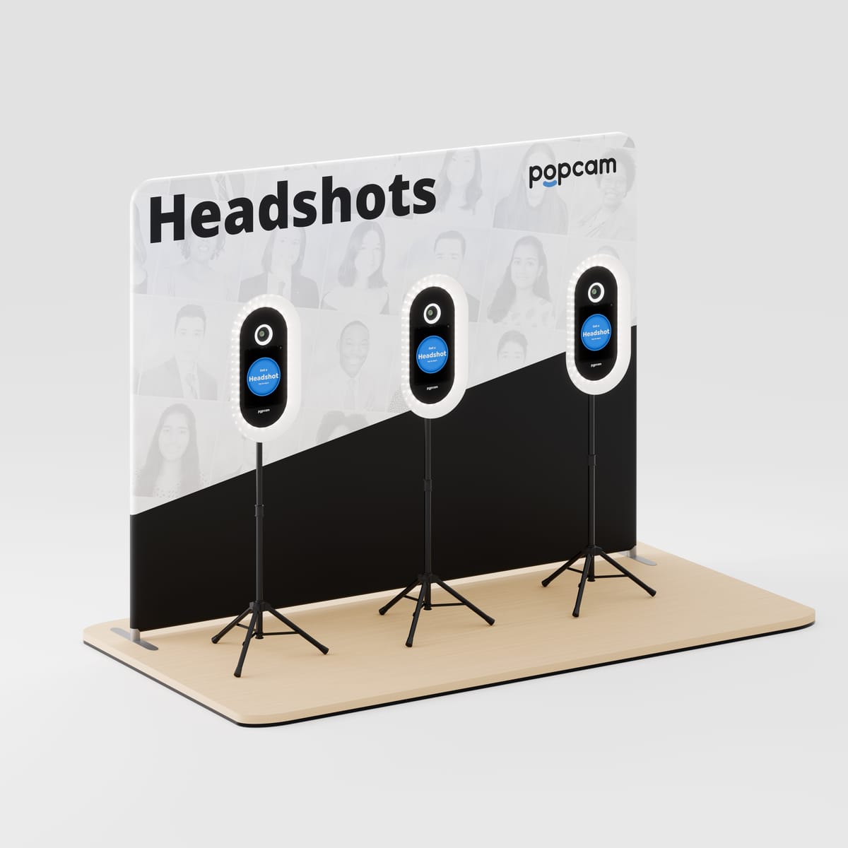 Render of a three-kiosk Popcam headshot lounge with a 10-foot branded sign
